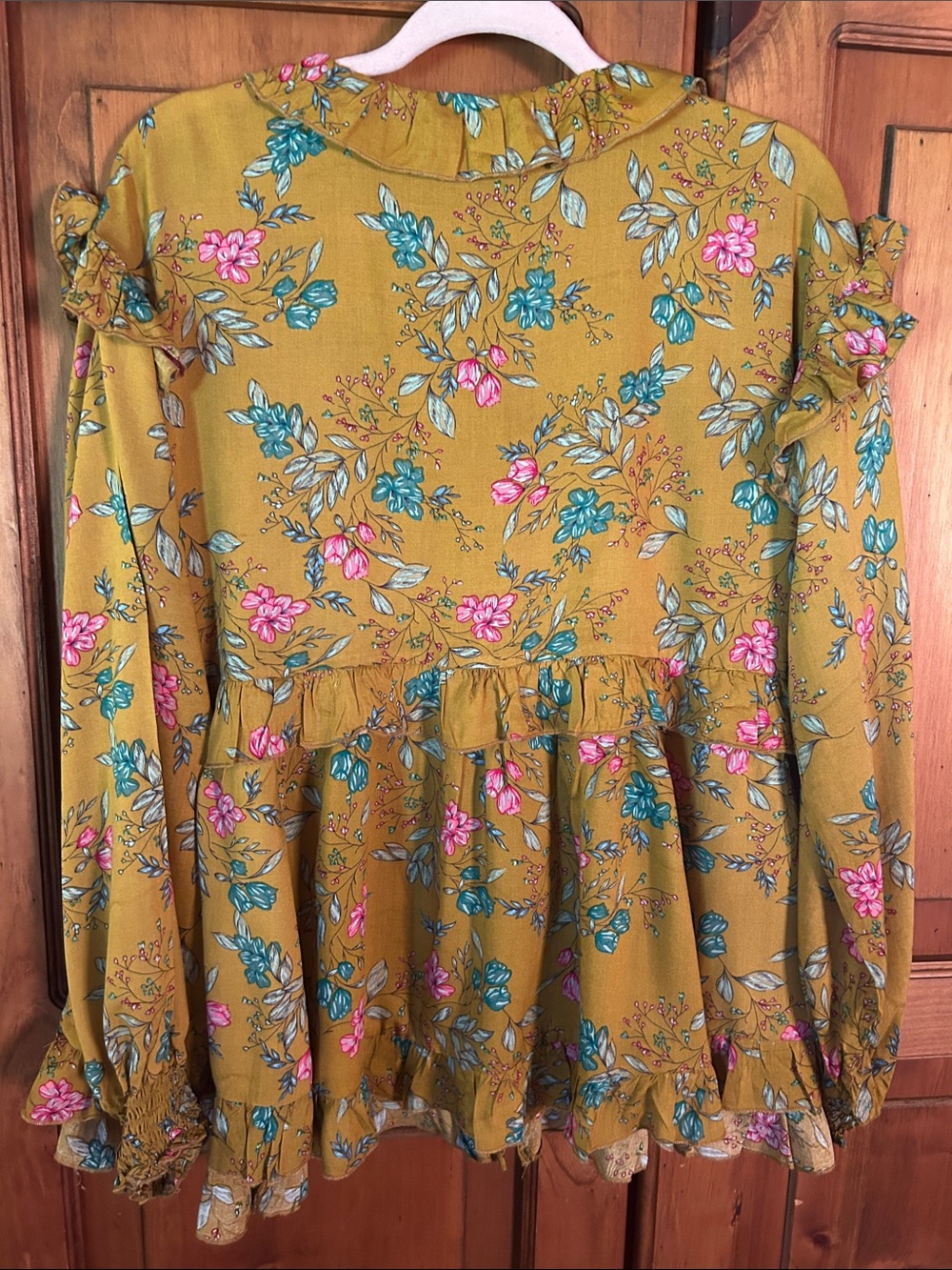 Floral Ruffle Button-Front Blouse - Mustard - Picture 4 of 4